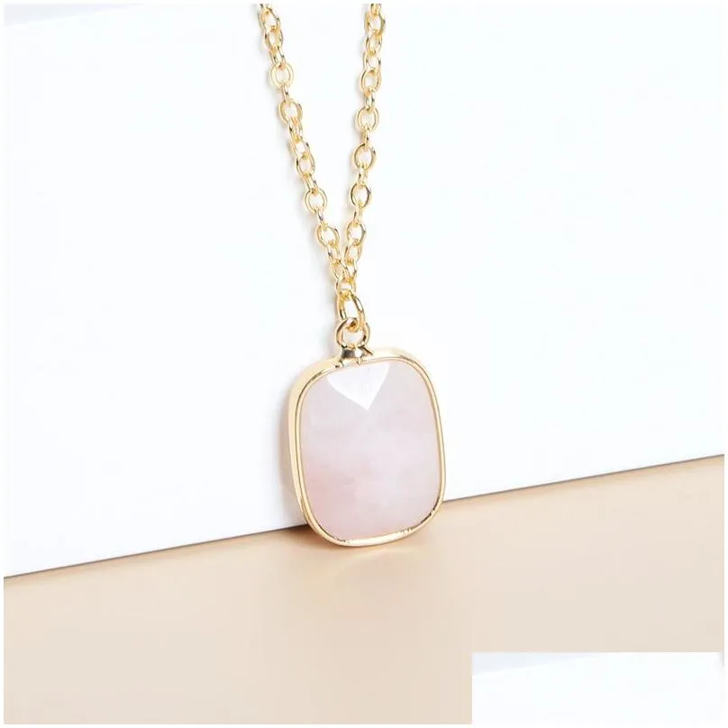 Pendant Necklaces Natural Stone Pendant Druzy Crystal Necklace Gold Square Style Amethyst Rose Quartz Chakra Healing Jewelry For Women Dhk9Z
