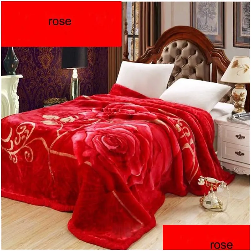 Blanket Double Layer Winter Thicken Raschel P Weighted For Bed Warm Heavy Fluffy Soft Flowers Printed Throw 211019 Drop Delivery Home Dhody