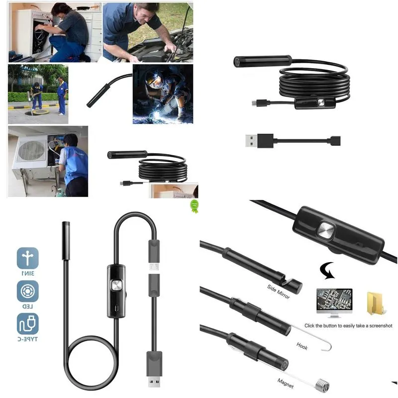 Car Other Auto Electronics New Industrial Endoscope Camera Ip68 Waterproof 7Mm 720P 3In1 For Android Phones Pc Usb 6 Leds Lights Adjus Dhszk