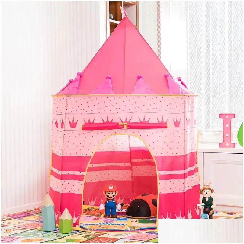 Toy Tents Portable Baby Tent Foldable Tipi Prince Folding Children Boy Castle Cubby Play House Kids Gifts Outdoor Drop Delivery Dhicv
