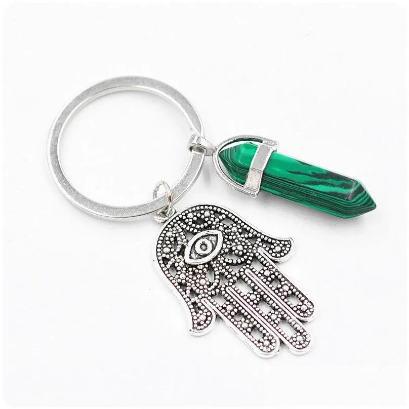 Key Rings Natural Stone Evil Eye Keychain Crystal Keyring Hamsa Hand Of Fatima Charms Chakra Hexagonal Prism Key Ring Chain Fashion B Dhfqp