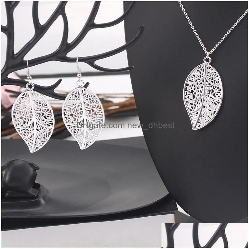 Earrings & Necklace Fashion Jewelry 925 Sier Earrings Necklace Set Hollowed-Out Leaf Pendant For Women Wedding Sets Drop Delivery Jew Dhi3S