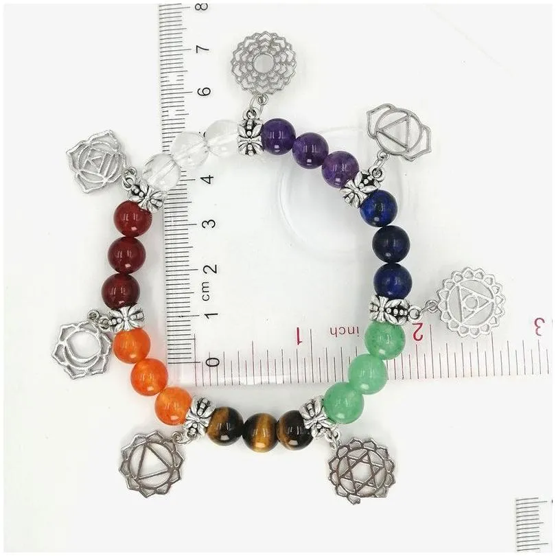 Charm Bracelets Jln Seven Chakra Symbol Charm Bracelet Yoga Healing Stone Amethyst Quartz Stretch Bracelets Gift For Man And Drop Del Dhi7J