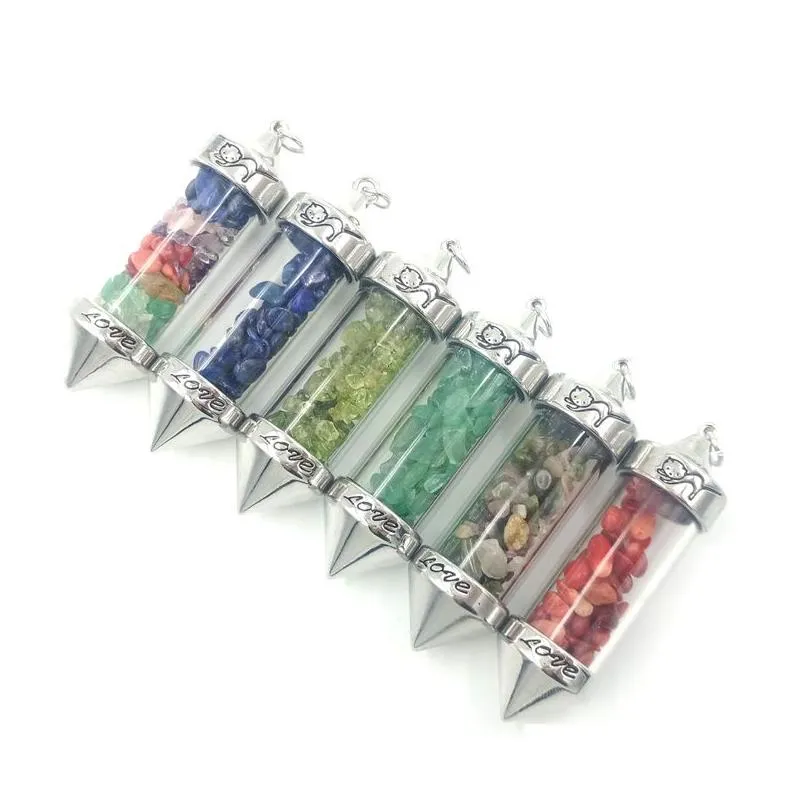 Pendant Necklaces Jln Gravel Stone Wish Bottle Pendum Natrual Quartz Peridot Garnet Lapis Chip Charm Pendant With Seven Chakra Chain F Dhfhw