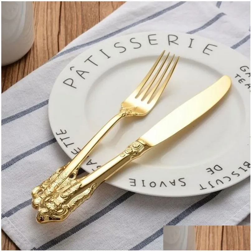 Dinnerware Sets Vintage Western Gold Plated Cutlery Tableware Set 24Pcs Dining Knives Forks Teaspoons Golden Luxury Dinnerware Sets En Dhu0J