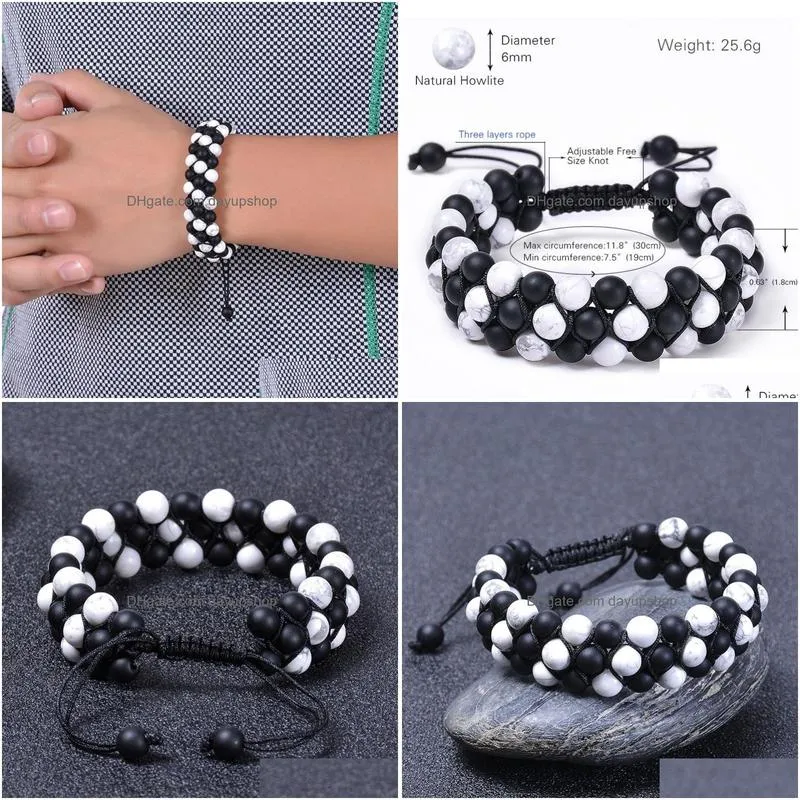 Chain 6Mm Natural Stone Howlite Three Layer Bracelet Hand Braided Woven 3 Row Beaded Gemstone Bracelets For Men And Women Jewelry Dro Dhsds