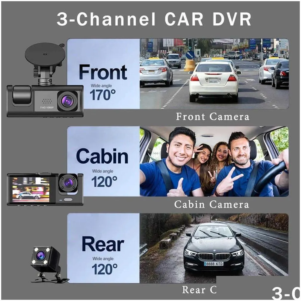 Car Dvrs New 3 Channel Car Dvr Hd 1080P 3-Lens Inside Vehicle Dash Camthree Way Camera Dvrs Recorder Video Registrator Dashcam Camcord Dhj2C