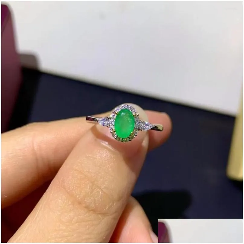 Cluster Rings 925 Pure Sier Chinese Style Natural Emerald Womens Classic Oval Two Color Adjustable Gem Ring Fine Jewelry Support De D Dhdvy