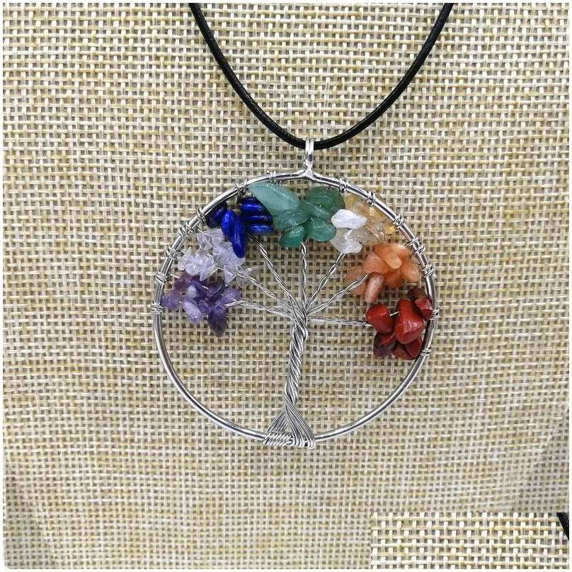 Pendant Necklaces Jln Gravel Stone Seven Chakra Pendant Chip Of Wisdom Pendants With Leather Chain Necklace For Drop Delivery Jewelry Dhza0