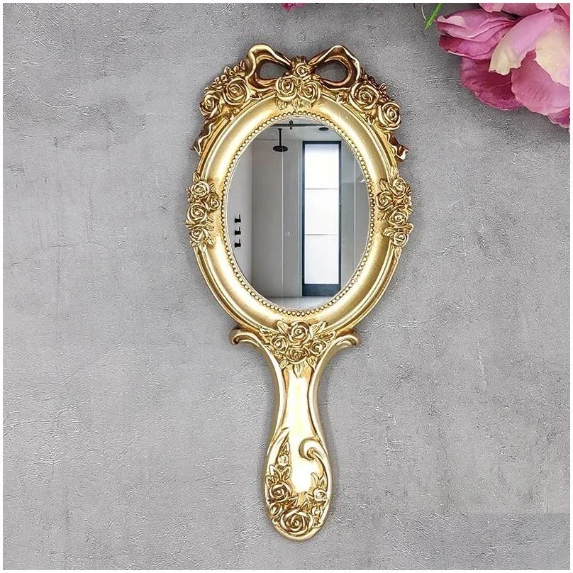 Compact Mirrors European Style Mirror Vanity Hand-Held Beauty Parlor Special Hand Portable Wall-Mounted Handle Antique Gold Small 2403 Dhnru
