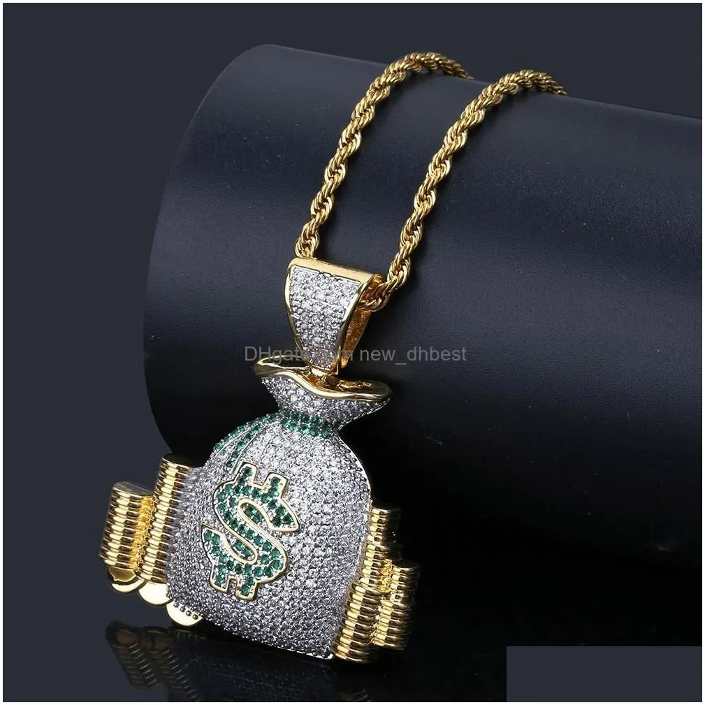 Pendant Necklaces New Cz Money Bag Pendant Necklace Gold Color Plated Micro Paved Cubic Zirconia Punk Jewelry For Men Drop Delivery Je Dhc5W
