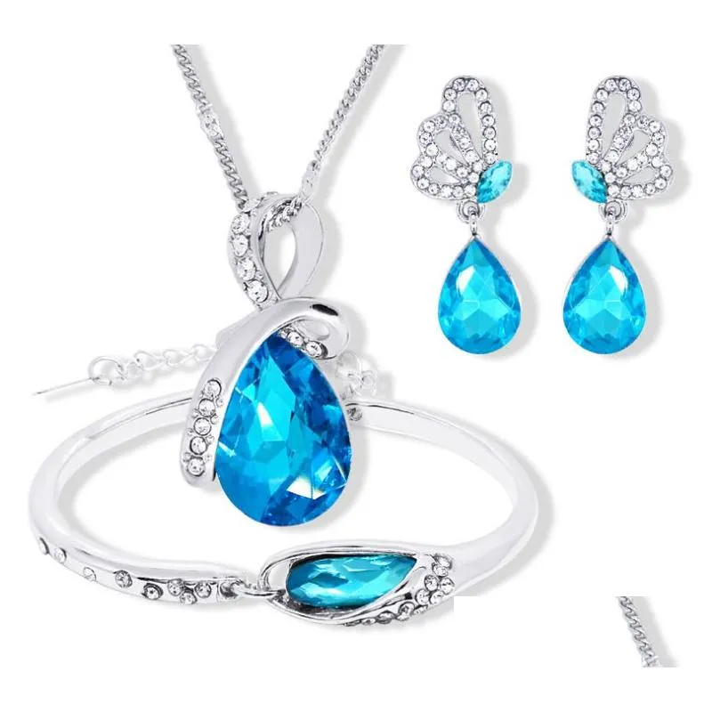 Bracelet, Earrings & Necklace Austrian Crystal Jewelry Sets Angel Teardrop Pendant Necklace Bracelet Earrings Wedding Fashion Trendy Dhr8W