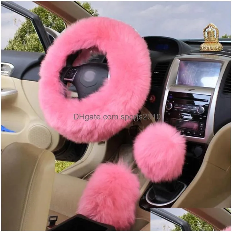 Steering Wheel Covers 3Pcs/Set Winter Long Wool Car Steering Wheel Gear Knob Shifter Parking Brake Er Warm Soft P Women Accessories 6C Dhltz