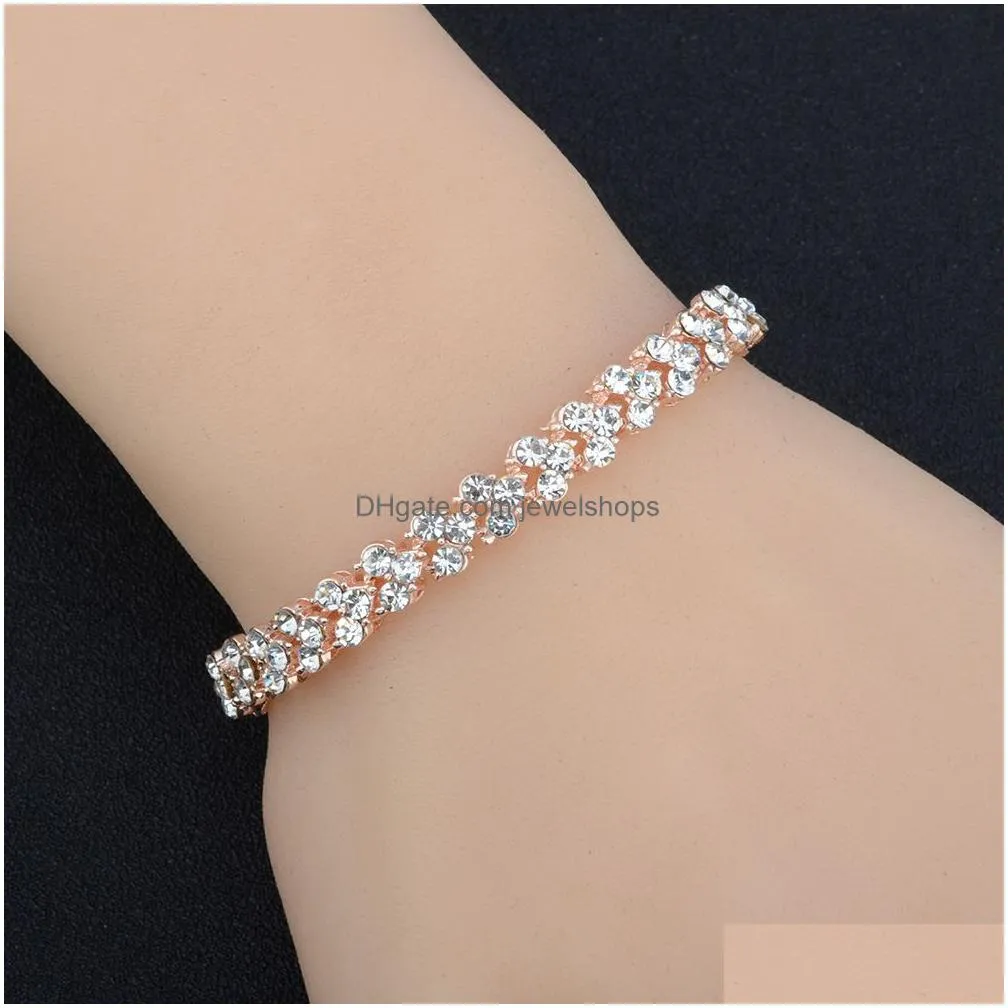 Tennis Luxury Austrian Clear Crystal Bracelet Fl Rhinestone Sier Rose Gold Tennis Bridal Bangle For Women Wedding Party Fashion Jewel Dhxfr