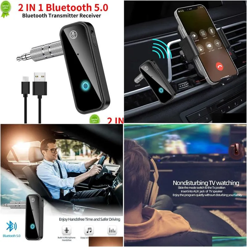 Car Bluetooth Kit New Bluetooth 5.0 Transmitter Receiver 2 In1 Wireless Adapter 3.5Mm O Stereo Aux For Music Hands Headset Drop Delive Dhcw8