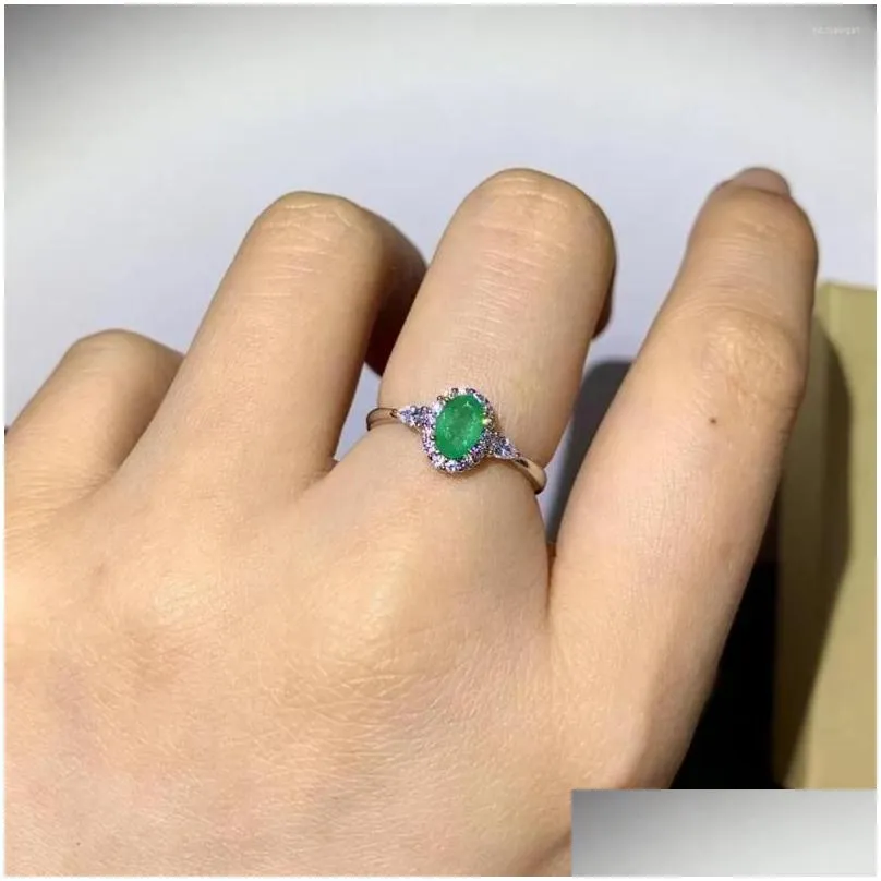 Cluster Rings 925 Pure Sier Chinese Style Natural Emerald Womens Classic Oval Two Color Adjustable Gem Ring Fine Jewelry Support De D Dhdvy