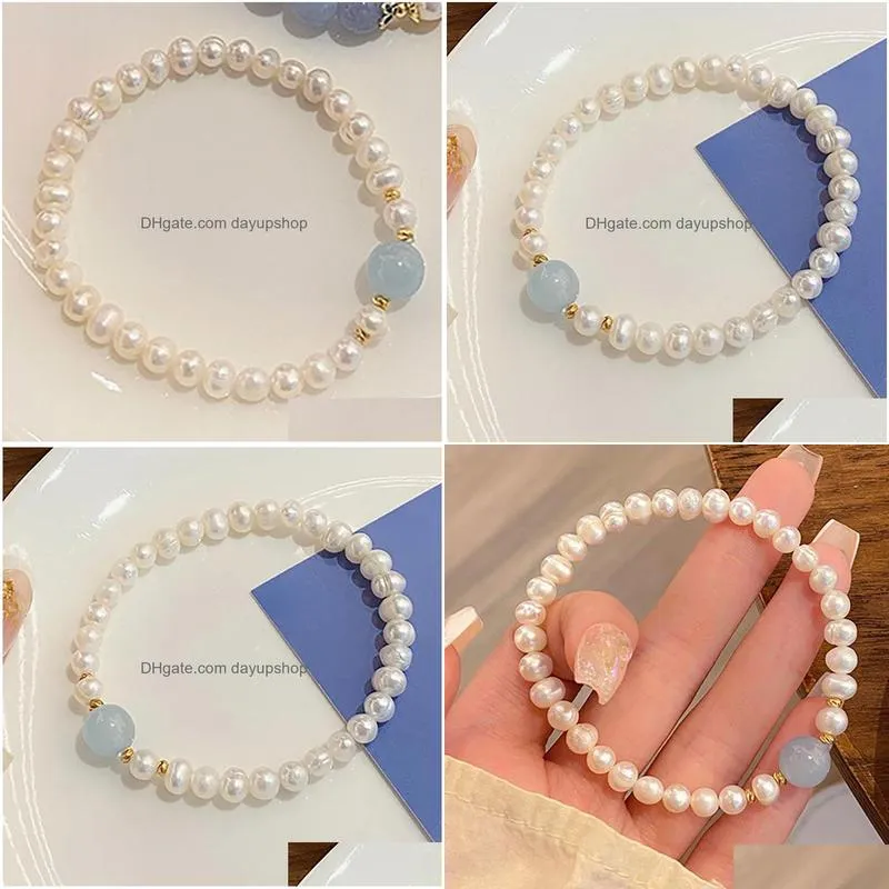 Chain  Water Pearl Bracelet Aquamarine Crystal Beads Fashion Women Summer Beach Elastic Friendship Bracelets Drop Delivery Jewel Dhzpf