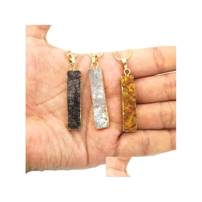 Pendant Necklaces Jln Druzy Agate Long Bar Rec Pendant Geode Quartz Stone Pendants With Brass Chain Jewelry For Men Drop Delivery Jewe Dh8Ng