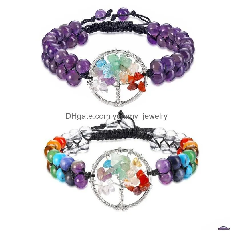 Chain 6Mm Amethyst Howlite Double Layer Bracelet Yoga 7 Chakra Healing Gravel Tree Of Life Crystal Bracelets For Women Gift Drop Deli Dhbf7