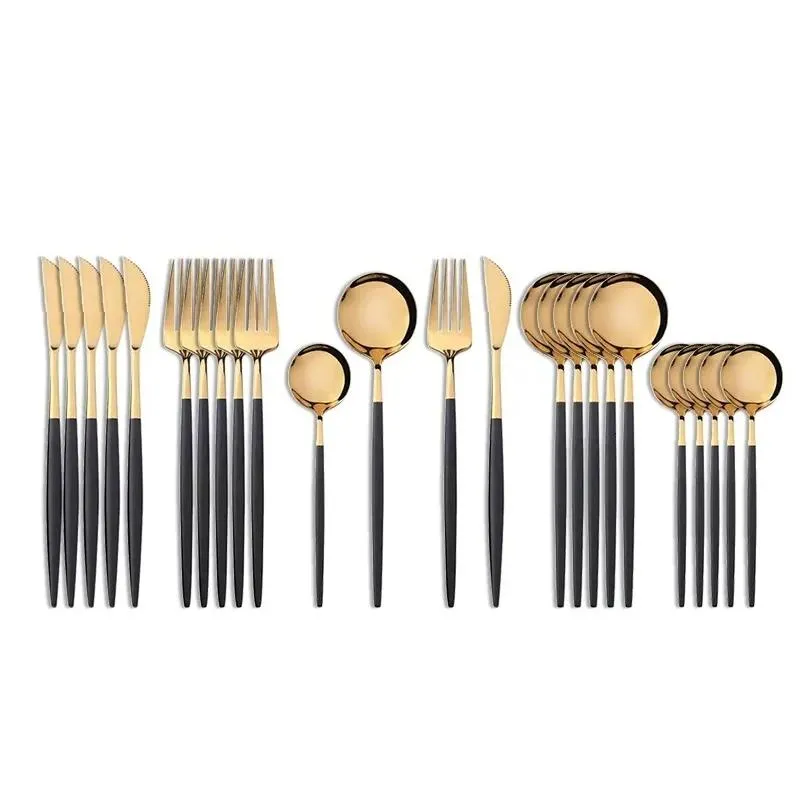 Dinnerware Sets 24Pcs 1810 Stainless Steel Set Black Gold Cutlery Spoon Fork Knife Western Cutleri Sierware Tableware Supplies Drop D Dhdtl