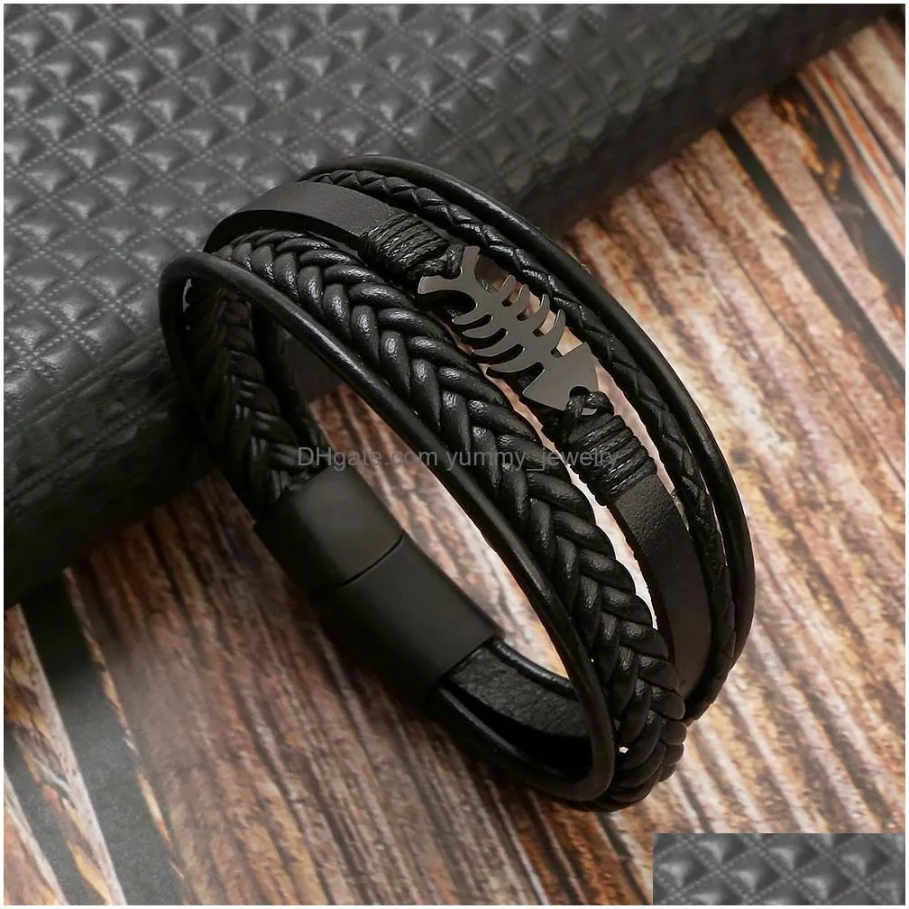 Charm Bracelets Mens Stainless Steel Magnetic Clasp Fish Bone Bracelet Brown Mti Layer Genuine Braided Leather Bracelets Bangle Cuff Dhzm3