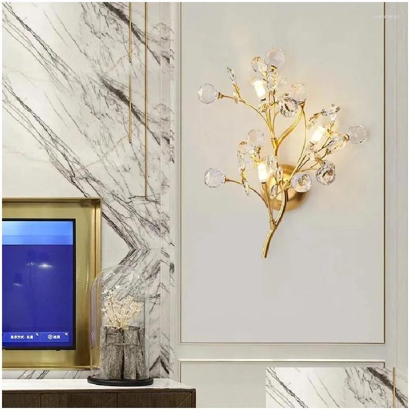 Wall Lamps Nordic Luxury Branches Gold Led Crystal Lamp Modern Creative Bedroom Bedside Living Room Background Drop Delivery Dhki7