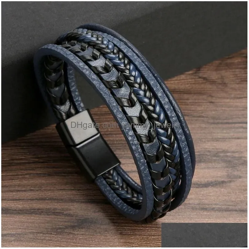 Chain Wrap Mti-Layer Leather Cord Braided Bracelet Stainless Steel Magnetic Buckle Bracelets Bangle Cuff Wristband Street Fashion Jew Dhhif