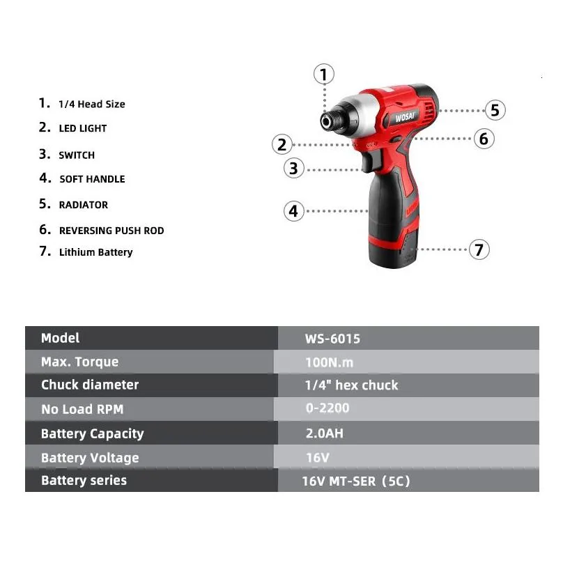 Electric Screwdriver Wosai 16V Drill 100N.M Impact Driver Cordless Household Mtifunction Hit Power Drop Delivery Dhb9D