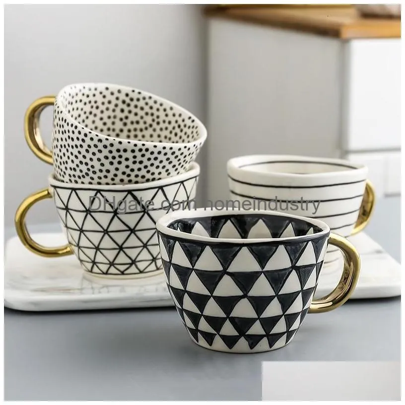 Mugs Hand Painted Geometric Ceramic With Gold Handle Handmade Irregar Cups For Coffee Tea Milk Oatmeal Creative Birthday Drop Deliver Dh0X2