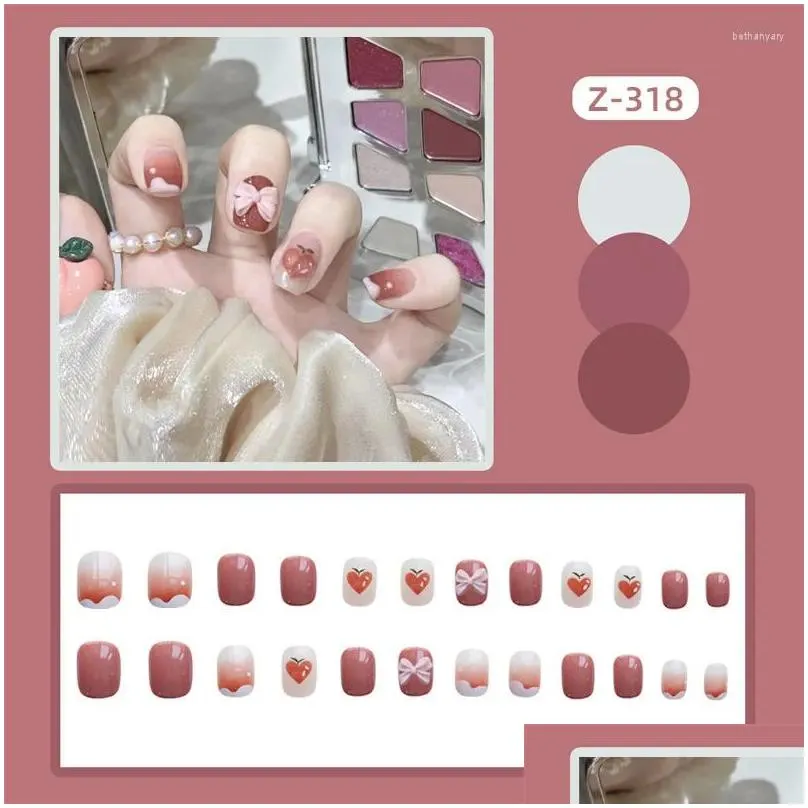 False Nails 24Pcs Midi Press On Sweet Style Peach Print Fake Removable Wearable Bow Deor Artificial Salon Diy Drop Delivery Dheu7