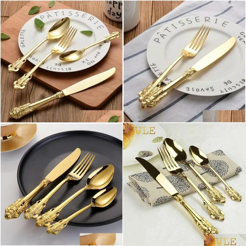 Dinnerware Sets Vintage Western Gold Plated Cutlery Tableware Set 24Pcs Dining Knives Forks Teaspoons Golden Luxury Dinnerware Sets En Dhu0J