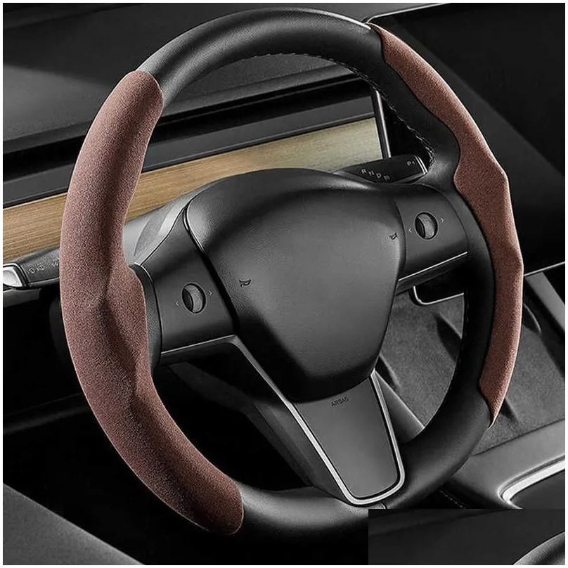 Other Interior Accessories New For Tesla Steering Wheel Er Model 3 Y S Anti-Fur Sport Carbon Fiber Suede Car Interior Accessories Drop Dhzjg