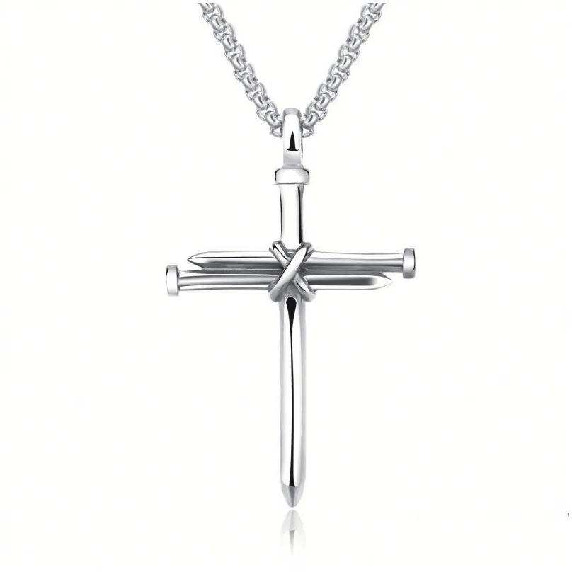 Pendant Necklaces Mens Nail Cross Pendant Necklaces Fashion Stainless Steel Link Chain Necklace Black Rose Gold Sier Punk Style Hip Ho Dhdmu