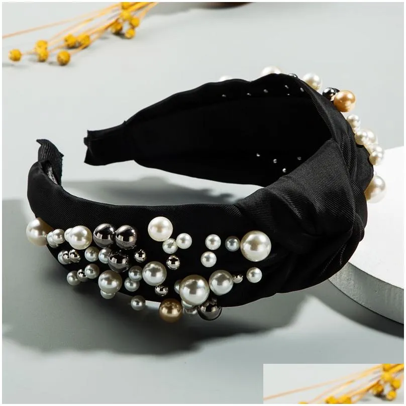 Headband Fabric Headband With Pearl Hair Bands Women Hoop Fashion Accessories Yellow/Green/Black/Pink Drop Delivery Hair Products Hair Dh9Rf