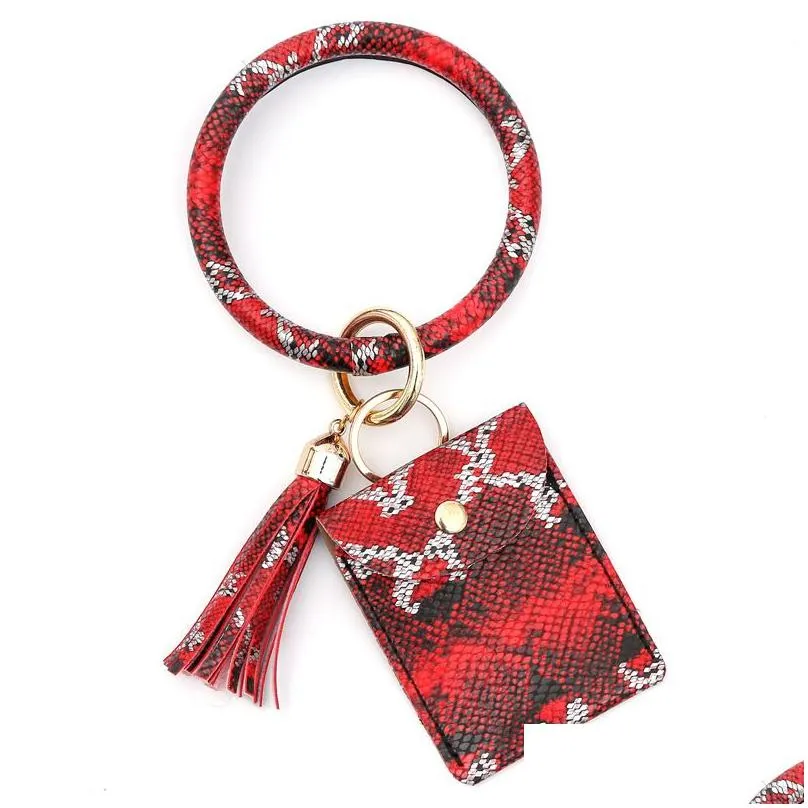 Key Rings Card Bag Bracelet Keychain Wristlet Jewelry Snake Pu Leather Tassel Coin Purse Bangle Car Keys Holder Fashion Round Keyring Dhbxo