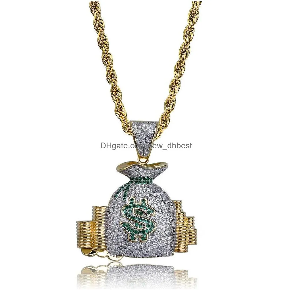 Pendant Necklaces New Cz Money Bag Pendant Necklace Gold Color Plated Micro Paved Cubic Zirconia Punk Jewelry For Men Drop Delivery Je Dhc5W