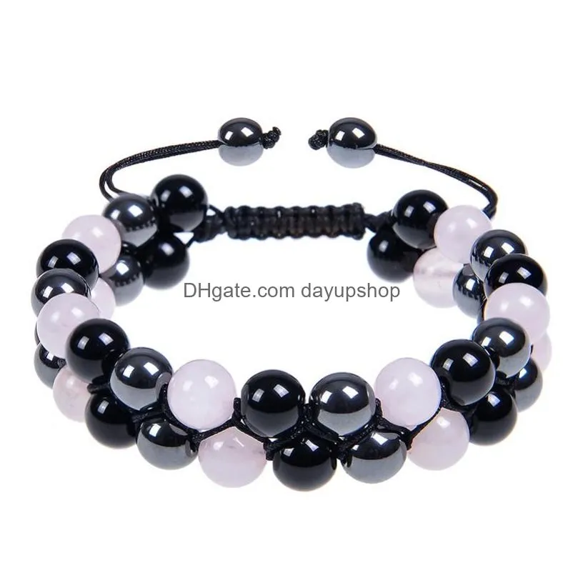 Chain 6Mm 8Mm Rose Quartz Hematite Obsidian Double Layer Braided Bracelet Natural Stone Crystal Couple Adjustable Bracelets Bangle Cu Dhi8Z