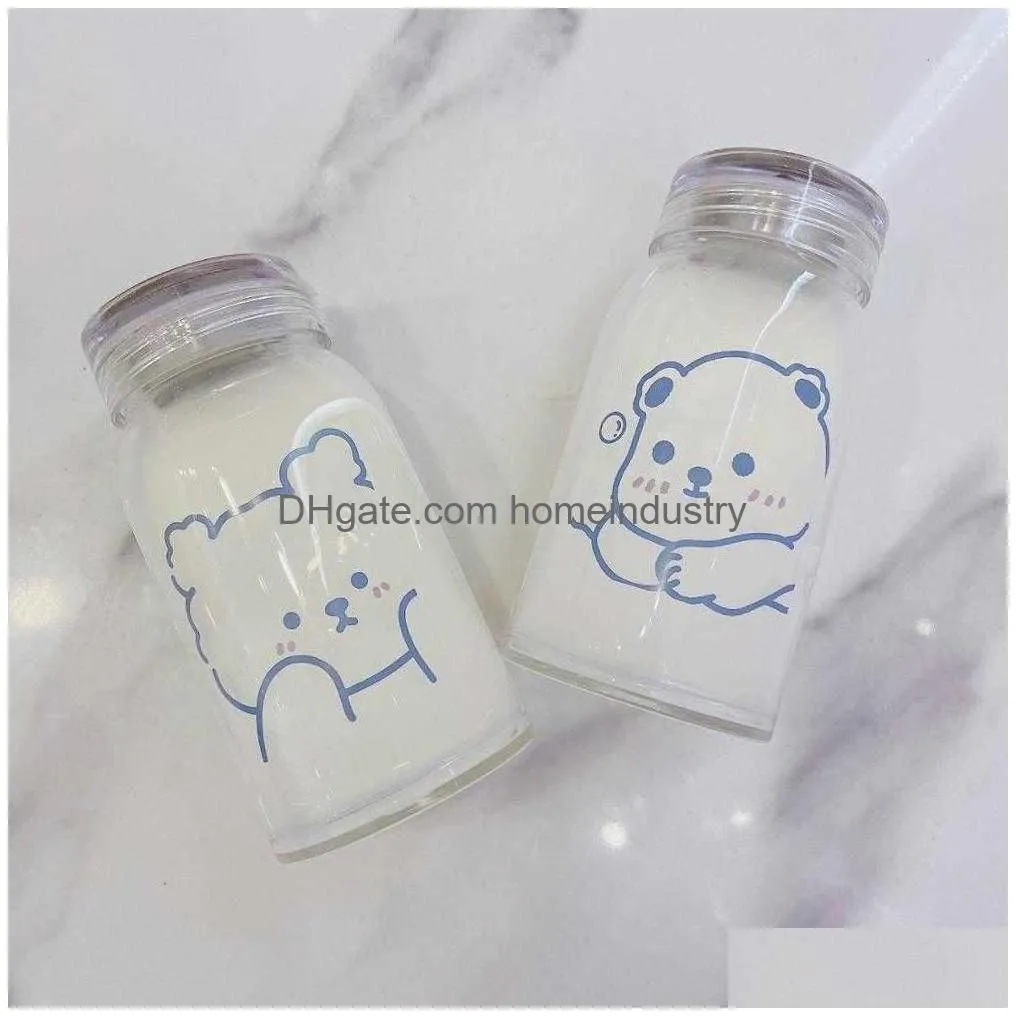 Water Bottles 450Ml Cartoon Bear Glass Water Bottle Thick Heat Resistance Drinking Bottles Cute Milk Coffee Tumblers For Student Girl Dheit