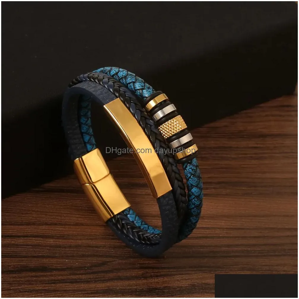 Chain Stainless Steel Bracelet For Men Mtilayer Handmade Braided Leather Magnetic Buckle Bracelets Bangle Cuff Wristband Fashion Jewe Dhbmt