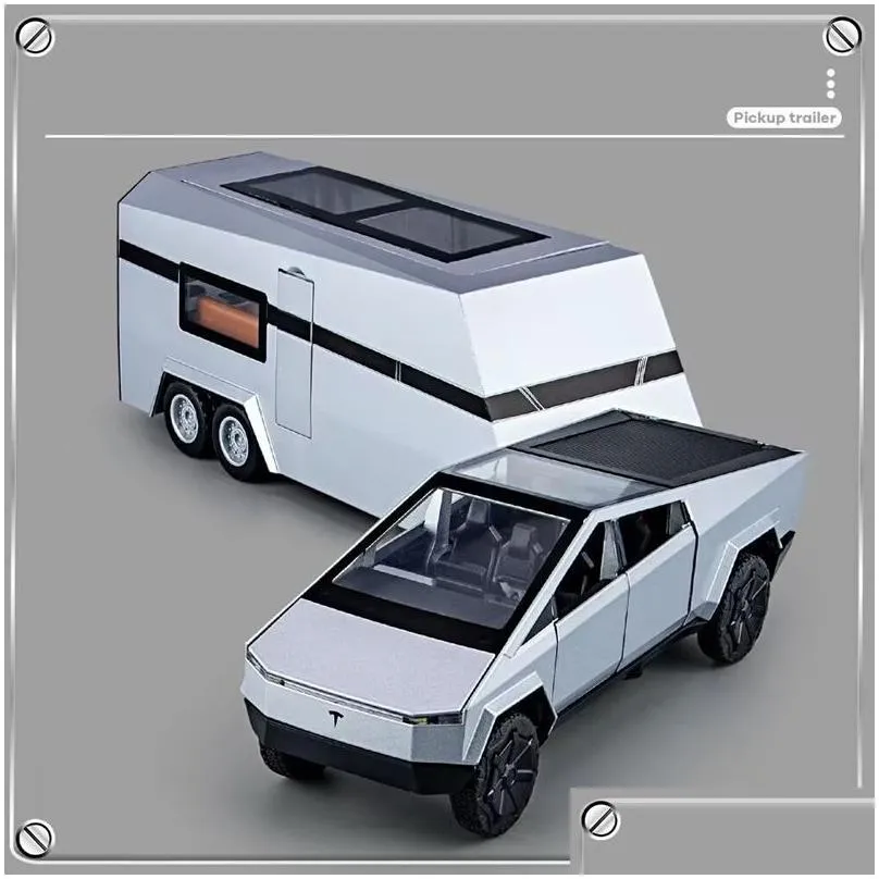 Diecast Model Cars Diecast Model 1/32 Tesla Cybertruck Pickup Trailer Alloy Diecasts Metal Off-Road Vehicles Truck Sound And Light Kid Dhpli