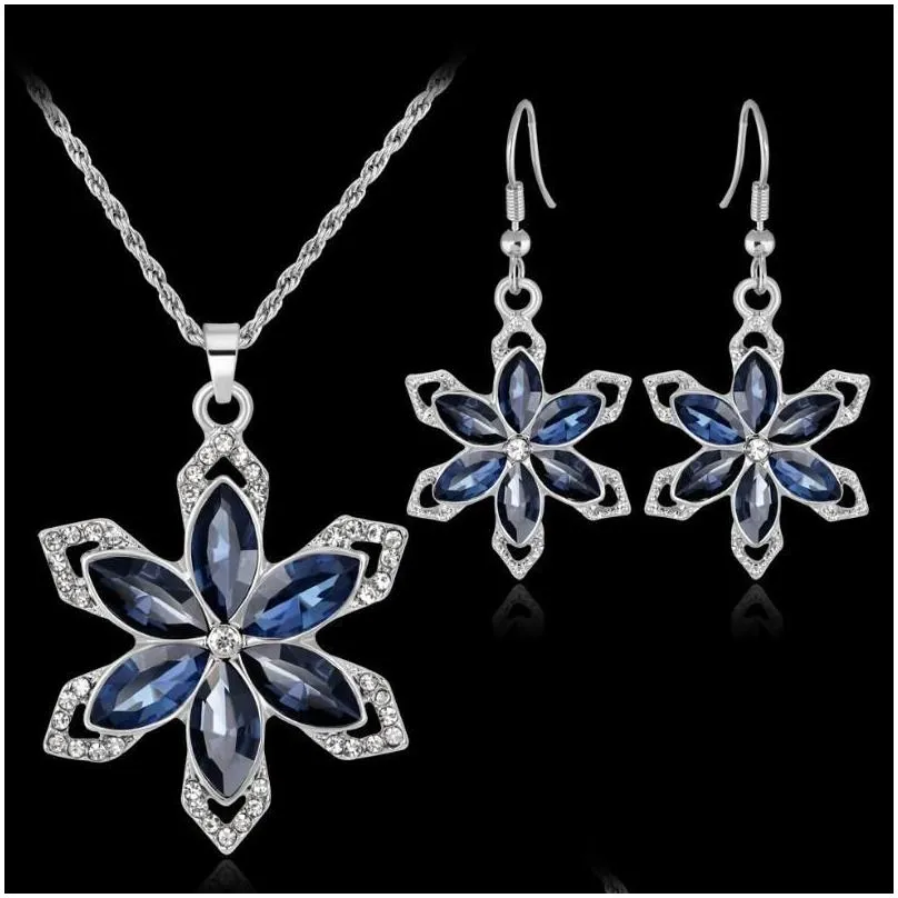 Earrings & Necklace Flower Necklace Earring Set Jewelry For Women Girls Ladies Navy Blue Crystal Rhinestone Diamond Pendant Charm Sie Dhw9V