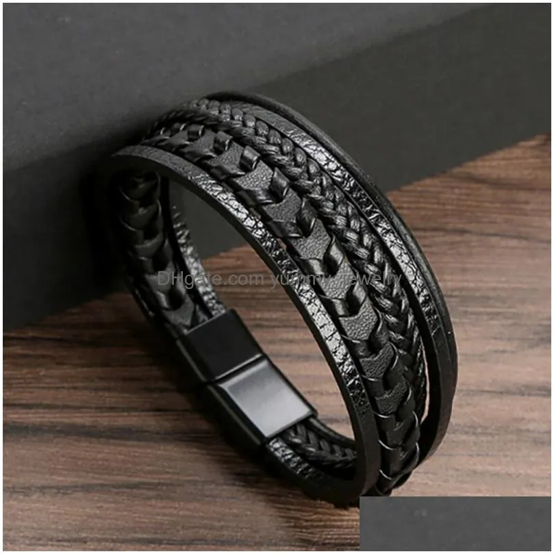 Chain Wrap Mti-Layer Leather Cord Braided Bracelet Stainless Steel Magnetic Buckle Bracelets Bangle Cuff Wristband Street Fashion Jew Dhhif