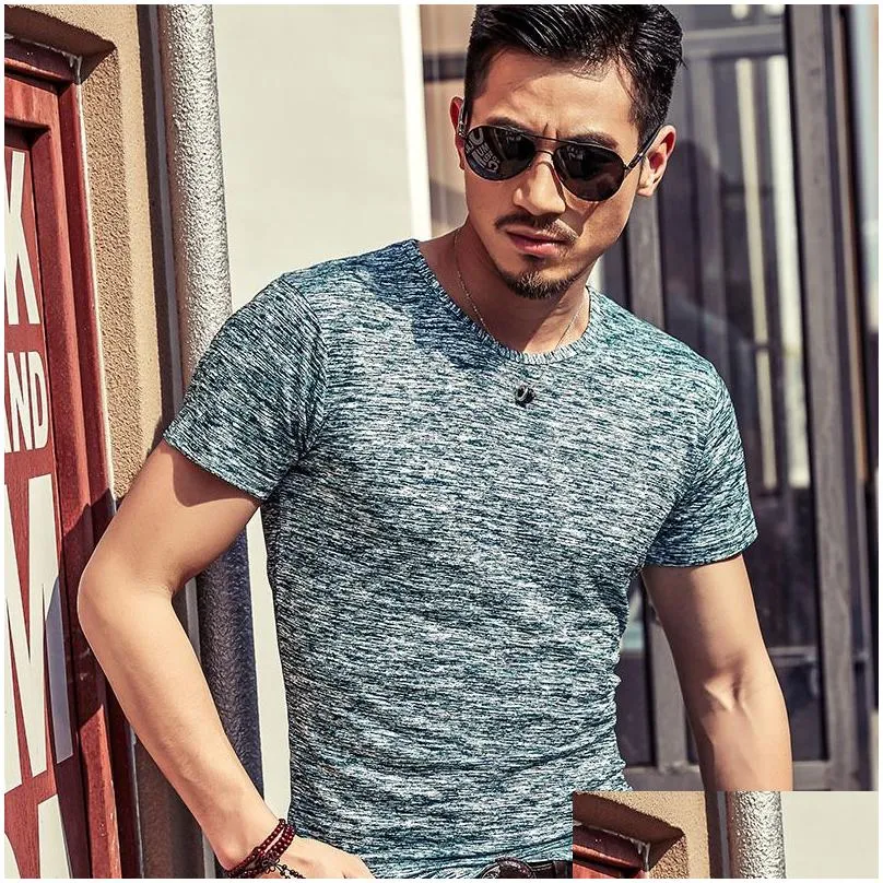 Men`S T-Shirts Autumn Slim Streetwear V Neck T Shirt Men Casual Fitness Tops Tees Vintage Blue Long Sleeve Plover Homme Plus Size Drop Dhwlw