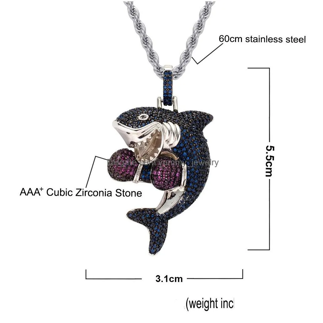 Pendant Necklaces 18K Gold Sport Boxing Shark Necklace Jewelry Set Diamond Cubic Zirconia Animal Pendant Hip Hop Necklaces Bling For W Dhy6O