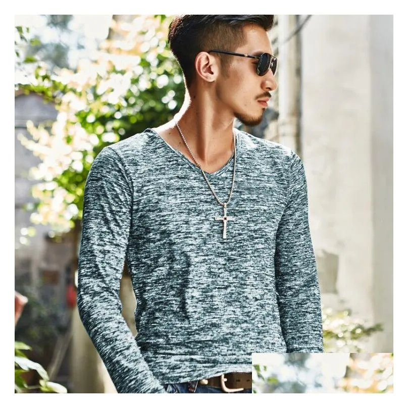 Men`S T-Shirts Autumn Slim Streetwear V Neck T Shirt Men Casual Fitness Tops Tees Vintage Blue Long Sleeve Plover Homme Plus Size Drop Dhwlw