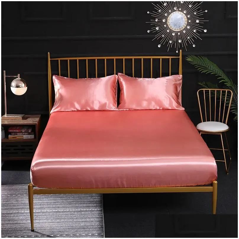 Bedding Sets 2/3Pcs Solid Silk Bedding Soft Bed Fitted Sheet Set Pillowcase Twin Fl Queen King 201128 Drop Delivery Home Garden Home T Dhglj