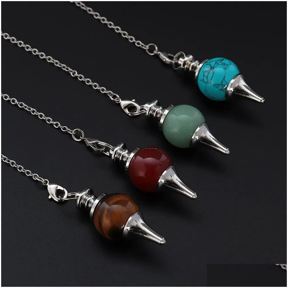 Pendant Necklaces Jln Dowsing Pendum Nce Reiki Natural Stone Crystal Red Agates Circar Cone Charm Pendant For Men Women Divination Med Dhsjq