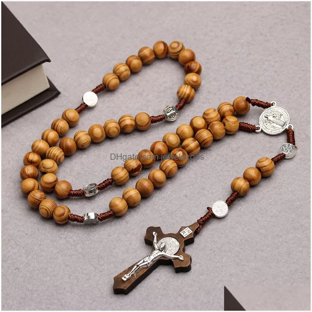 Pendant Necklaces 10Mm Wood Beads Rosary Cross Necklace For Women Men Christian Virgin Mary Inri Pendant Chain Fashion Relin Jewelry D Dhya4