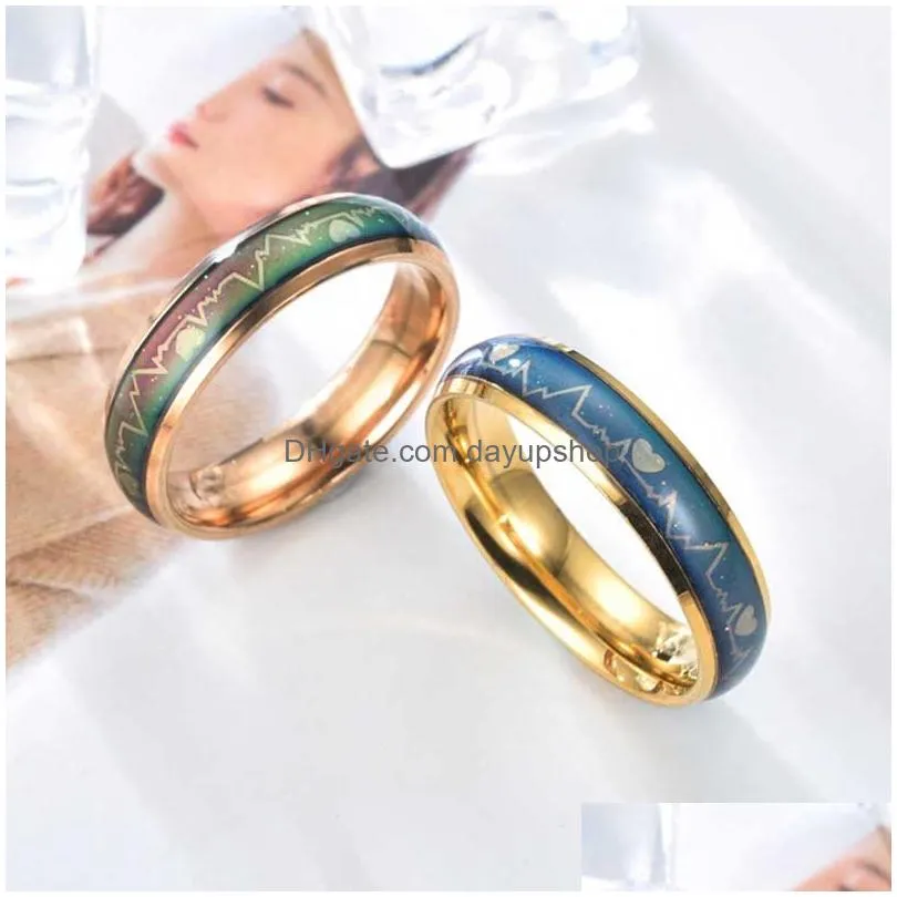 Band Rings Update Temperature Sensing Heartbeat Ring Band Stainless Steel Mood Rings For Women Mens Love Fashion Jewelry Drop Deliver Dhx6X