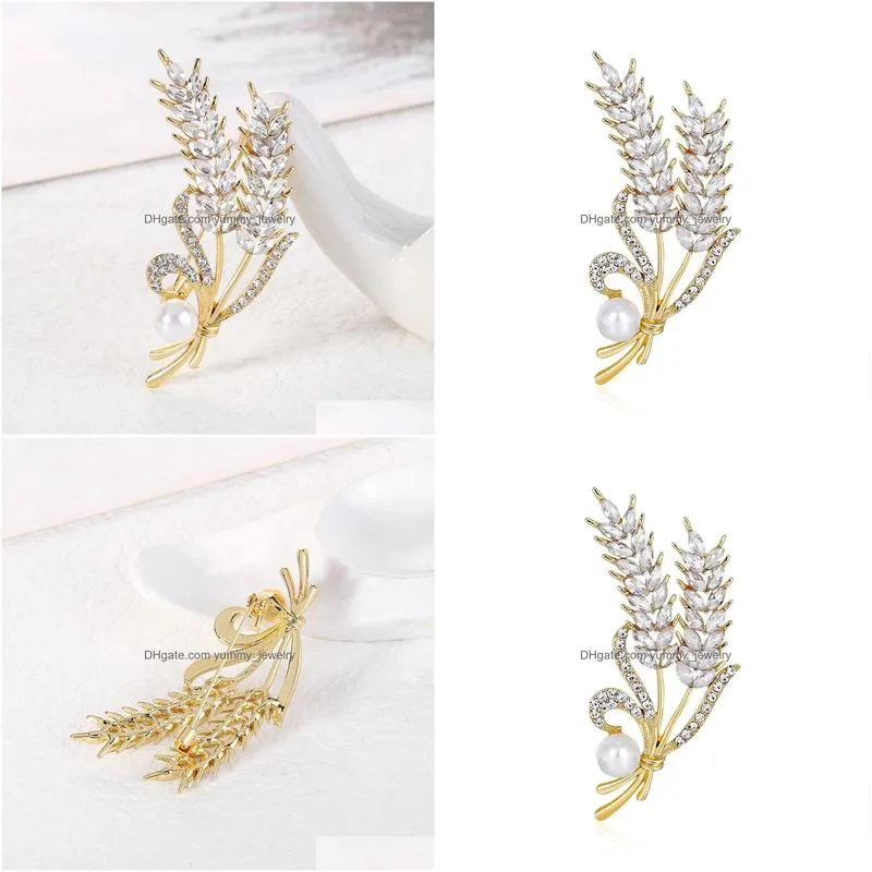 Pins, Brooches Gold Wheat Sheaf Brooch Pin Business Suit Tops Wedding Dress Cor Pearl Rhinestone Brooches For Women Men Fashion Jewel Dhw8Q